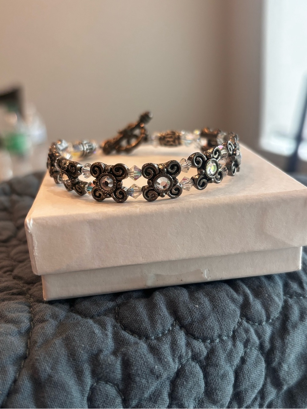 Crystal Beaded Bracelet Gunmetal Filigree Rhinestone Toggle Bracelet